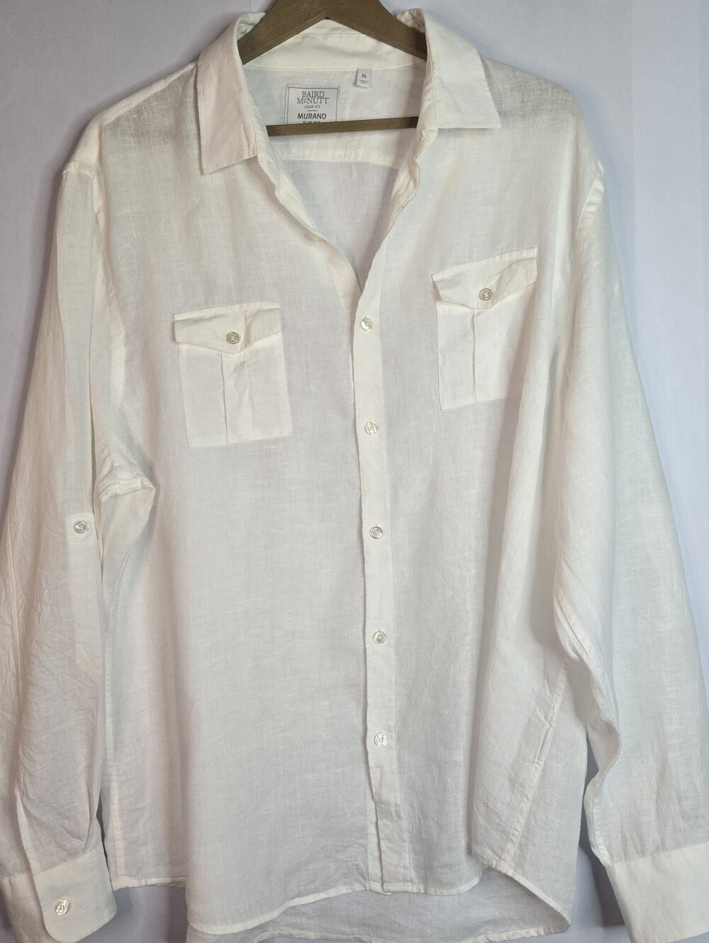 Baird McNutt Size XL Men's White 100% Linen L/Sl Button-Up Shirt, Front Pockets